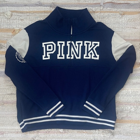 PINK Victoria's Secret Tops - Victoria’s Secret PINK Royal Blue and White Quarter Zip Pullover Top